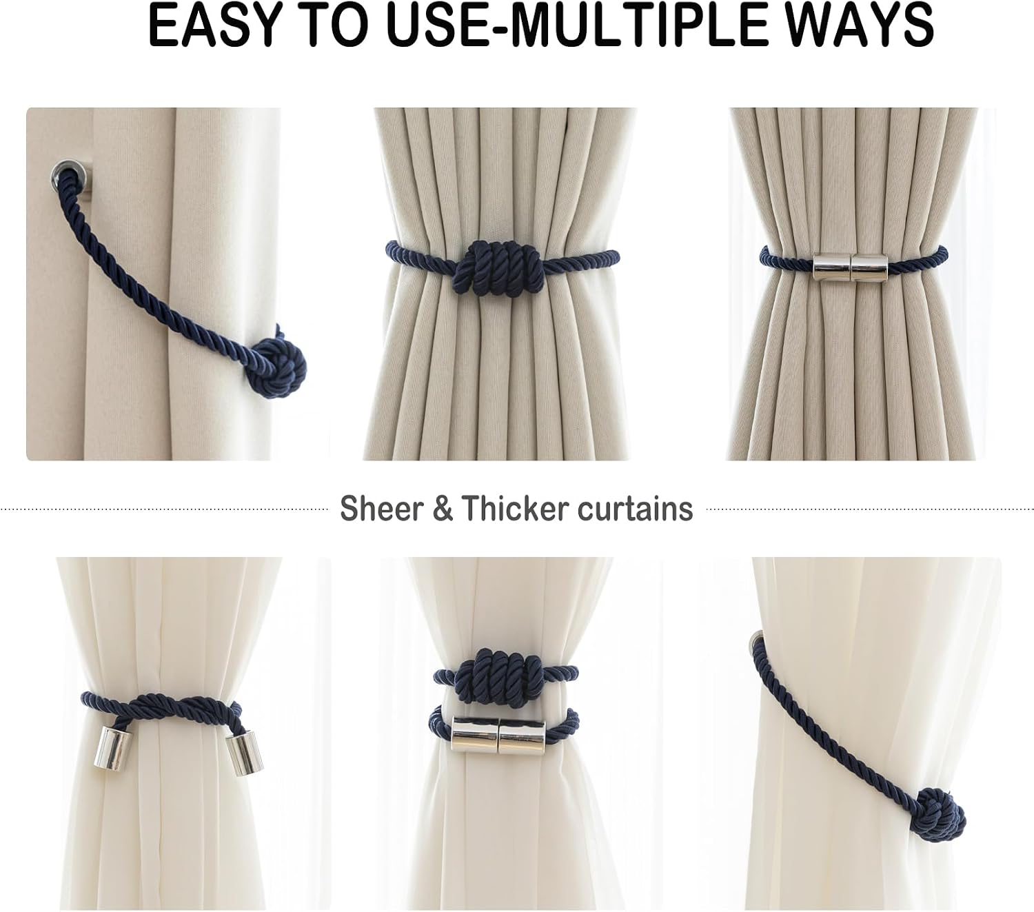 Curtain Tiebacks Magnetic Decorative Rope Tie Backs Holdbacks Contoeey | 8 Pack Navy Modern Elegant Window Treatment