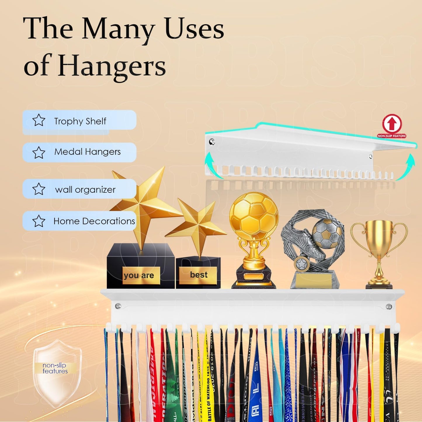 iBobbish Metal Medal Hanger Display,Non-Slip Trophy Shelf with 20 Hooks,Wall Mount,Heavy Duty,Non-Bent,Holds