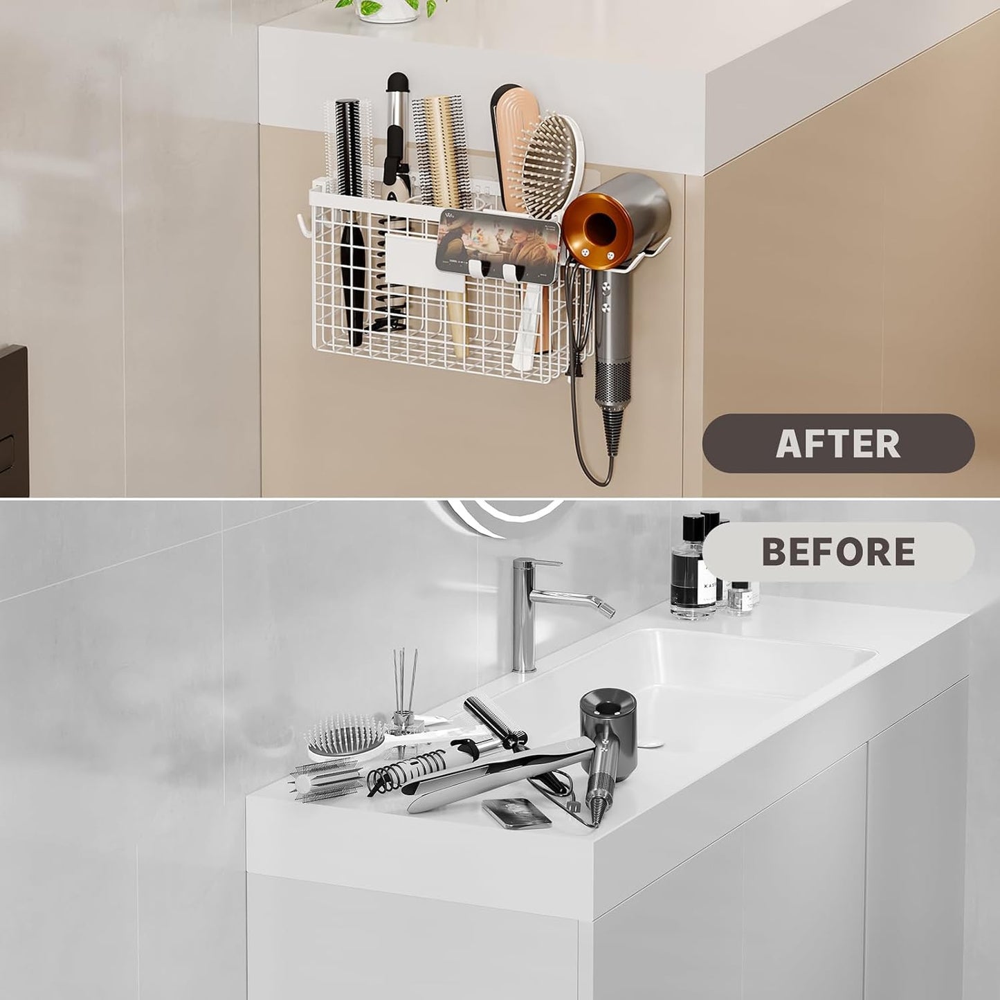 Magheo Hair Dryer Holder Cabinet Door 3-in-1 Adhesive Hair Tool Organizer Wall Mounted Adjustable Height Blow Dryer