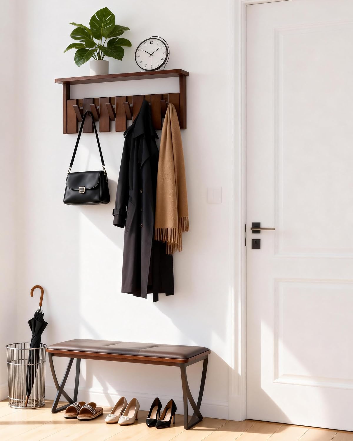 Wooden Coat Rack Wall Mount with Shelf, Heavy Duty Entryway Organizer with 6 Hooks,Coat Hooks Hanger for Coats, Hats