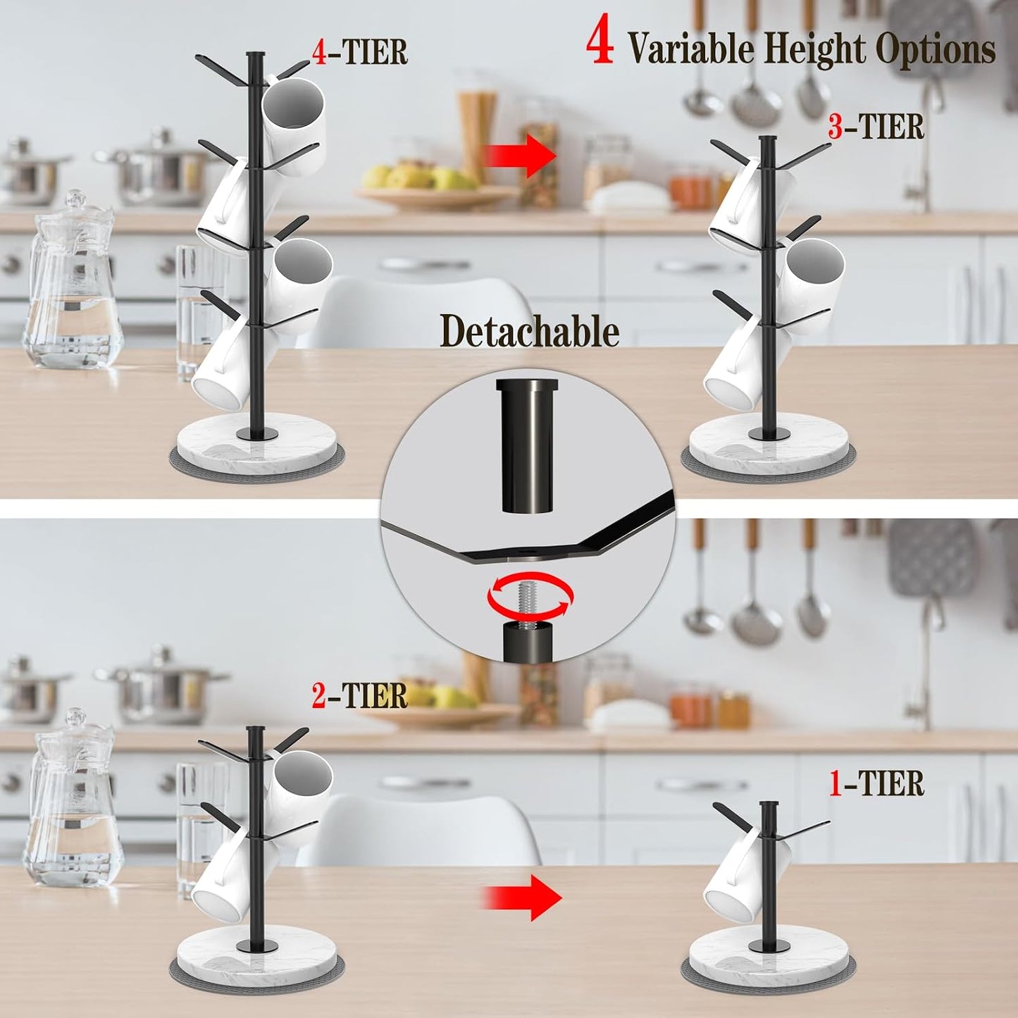 Marble Mug Holder Tree with 2–8 Adjustable Hooks | Detachable Stainless Steel Coffee Cup Stand with Modular Height and