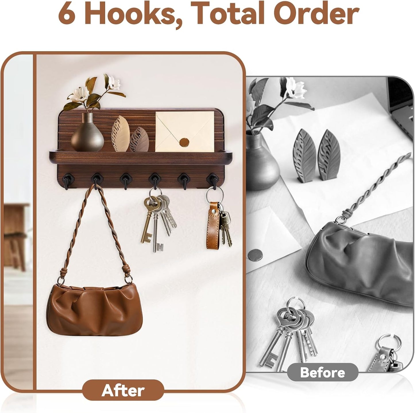 6 Hooks Wooden Hanging Key Rack / Brown