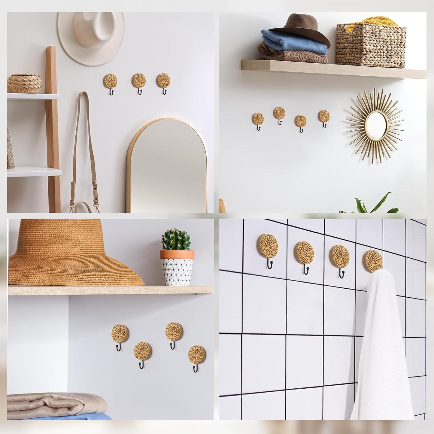 Boho Rattan Wall Towel Hooks Decorative Woven Hanging Holder Farmhouse Coat Rack / Round / Set of 4
