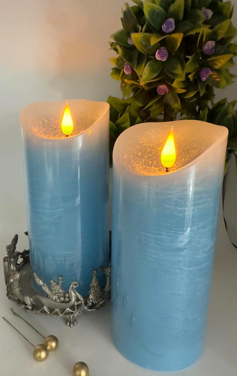 Adoria Large Blue Flameless Candles Set 2- Real Wax Candles with 3D Flame-Ocean Scented-Dia 3.15x 7 Inch for Home