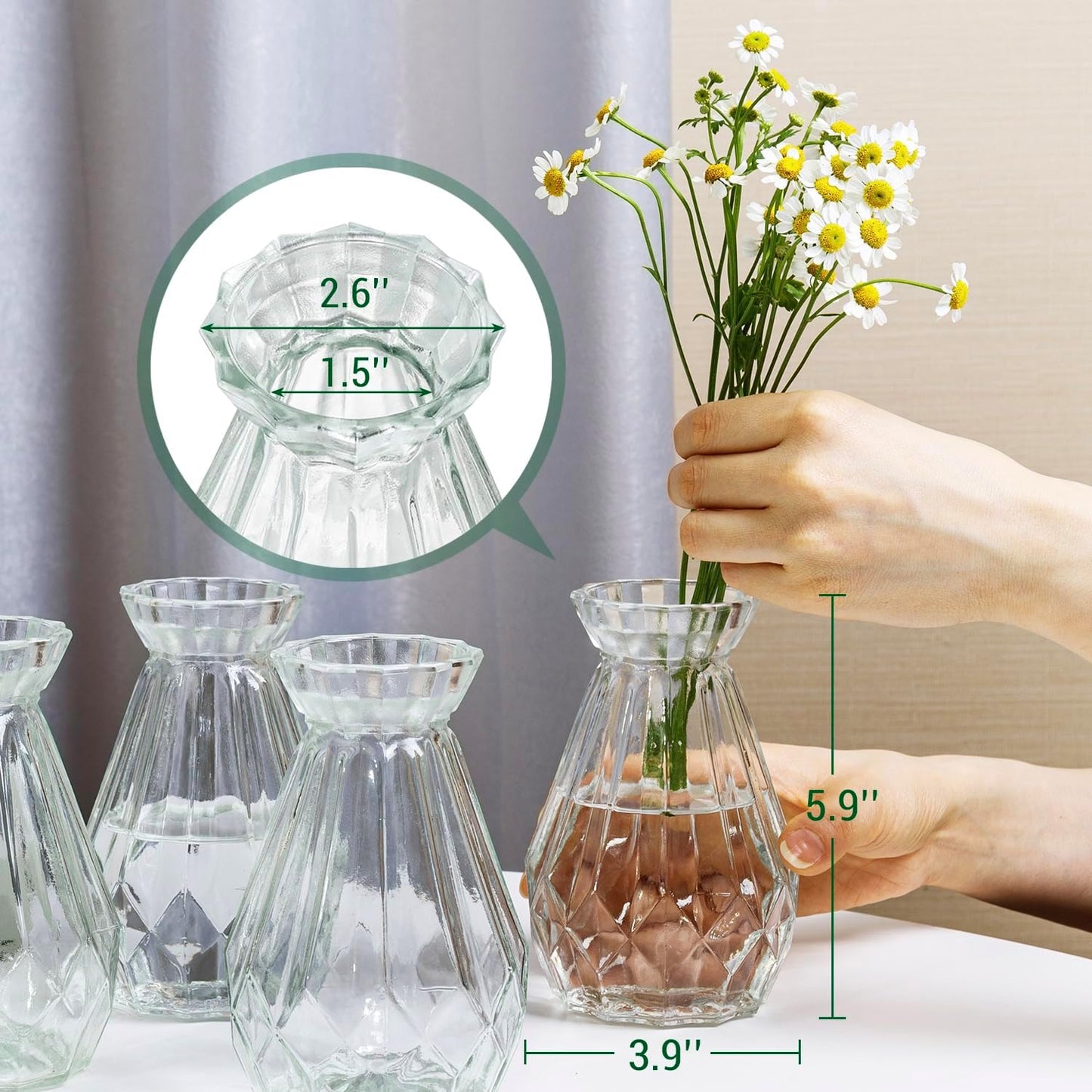 Mini Diamond-Faceted Glass Bud Vases / Clear / Set of 6