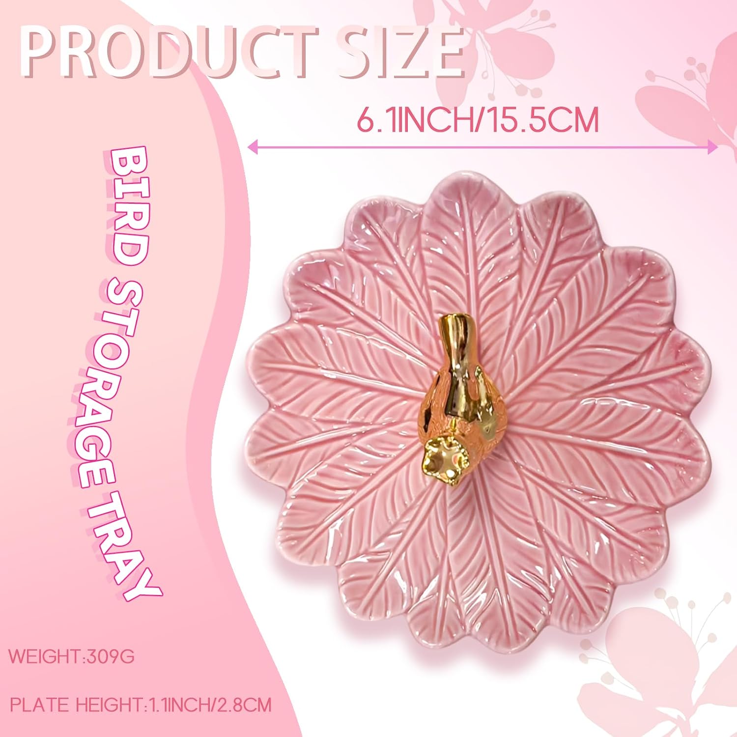 Golden Bird Ceramic Ring Holder Dish for Women / Pink