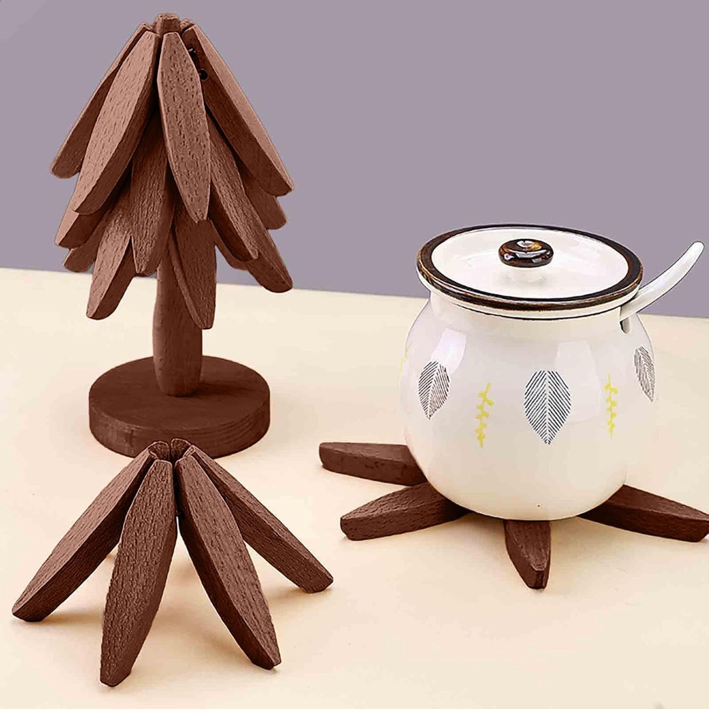 Tree Coasters- 4 Wooden Trivets + 1 Stand stored for hot