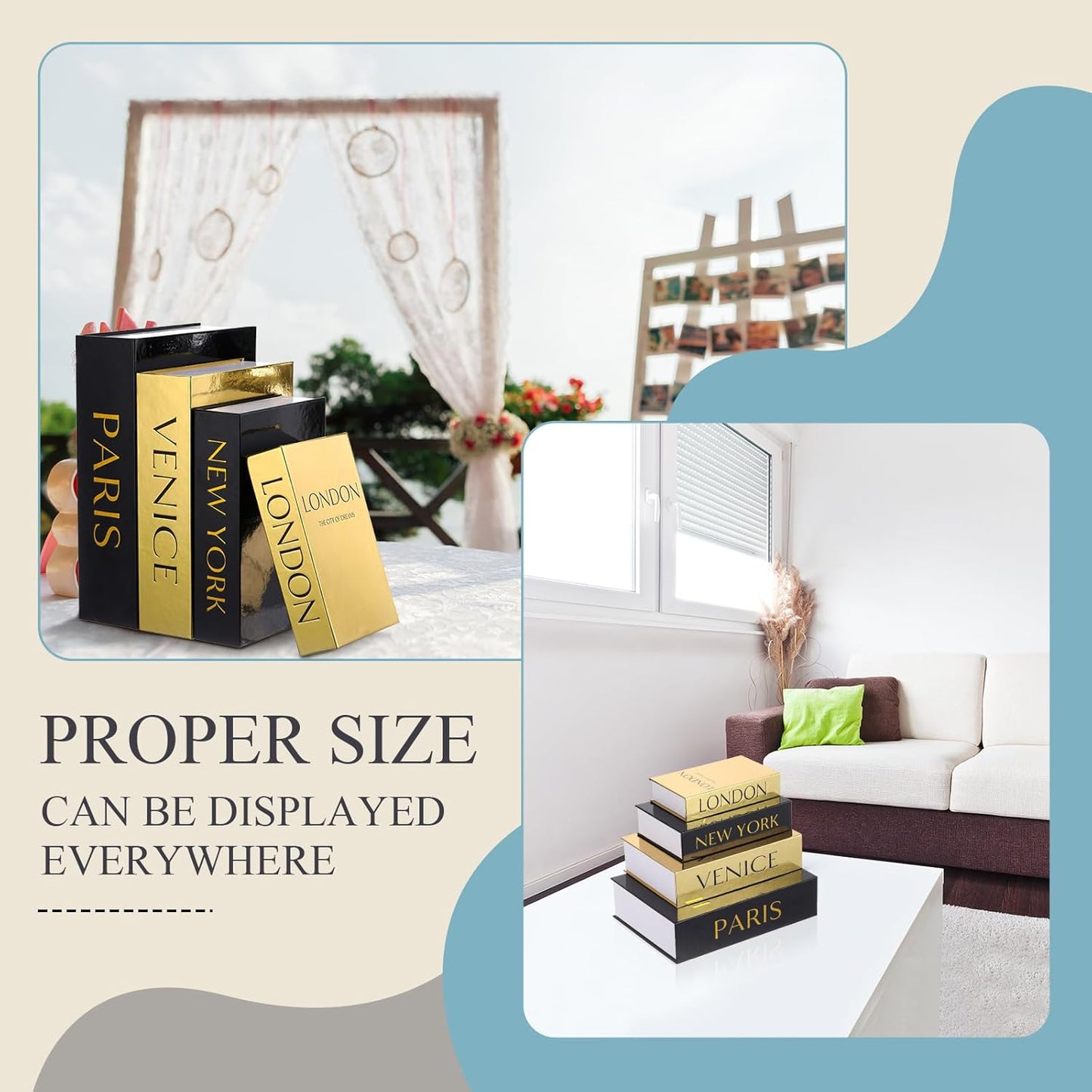 Decorative Books Boxes Faux Books Stacked / Black and Gold / Modern / Set of 4