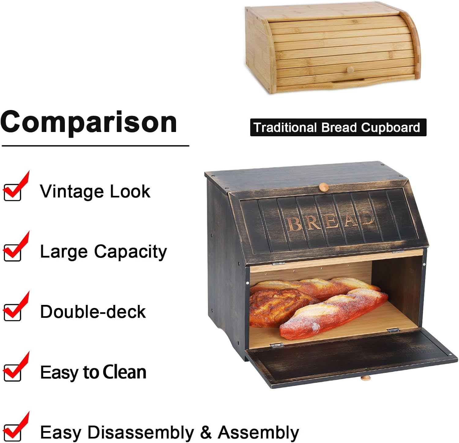 HOMEKOKO Vintage Double Layer Large Bread Box, Wood Bread Storage Bin,Black | Keeps Bread Fresh 3-4 Days, 2-Tier