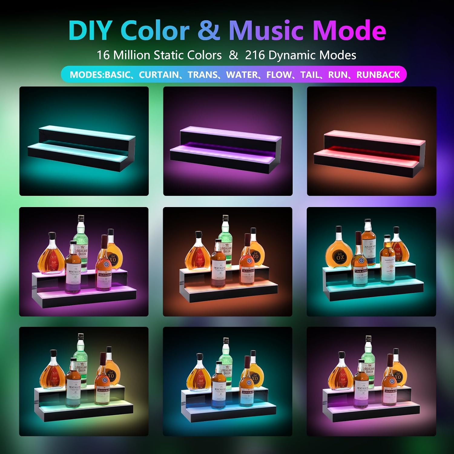 Led Lighted Liquor Bottle Display Shelf, 20 Inch 2 Tier Whiskey Rack, Support USB, Bar Stand with RF Remote & App