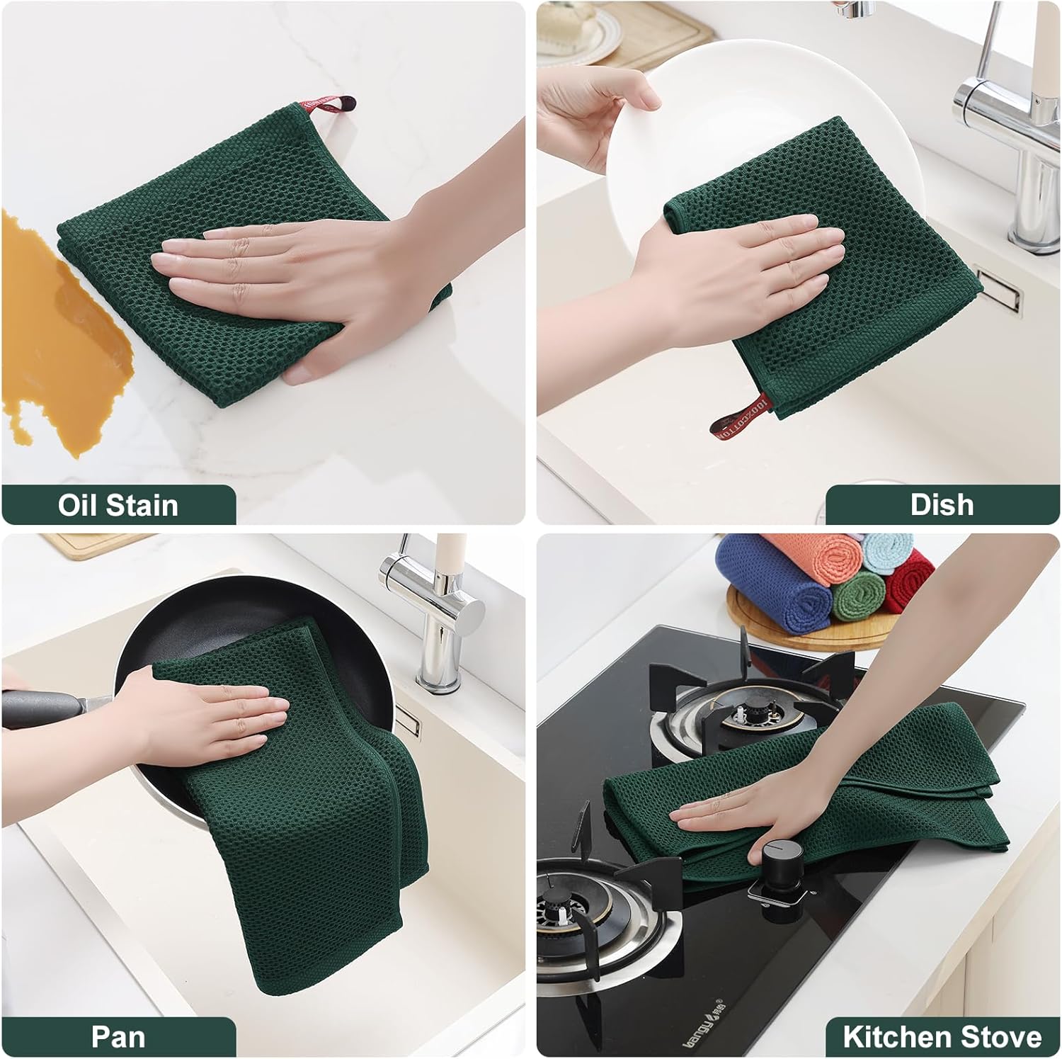 Homaxy 12 Pack 100% Cotton Kitchen Towels and Dishcloths Set,Blackish Green | 12 x 12 Inches and 13 x 28 Inches Kitchen