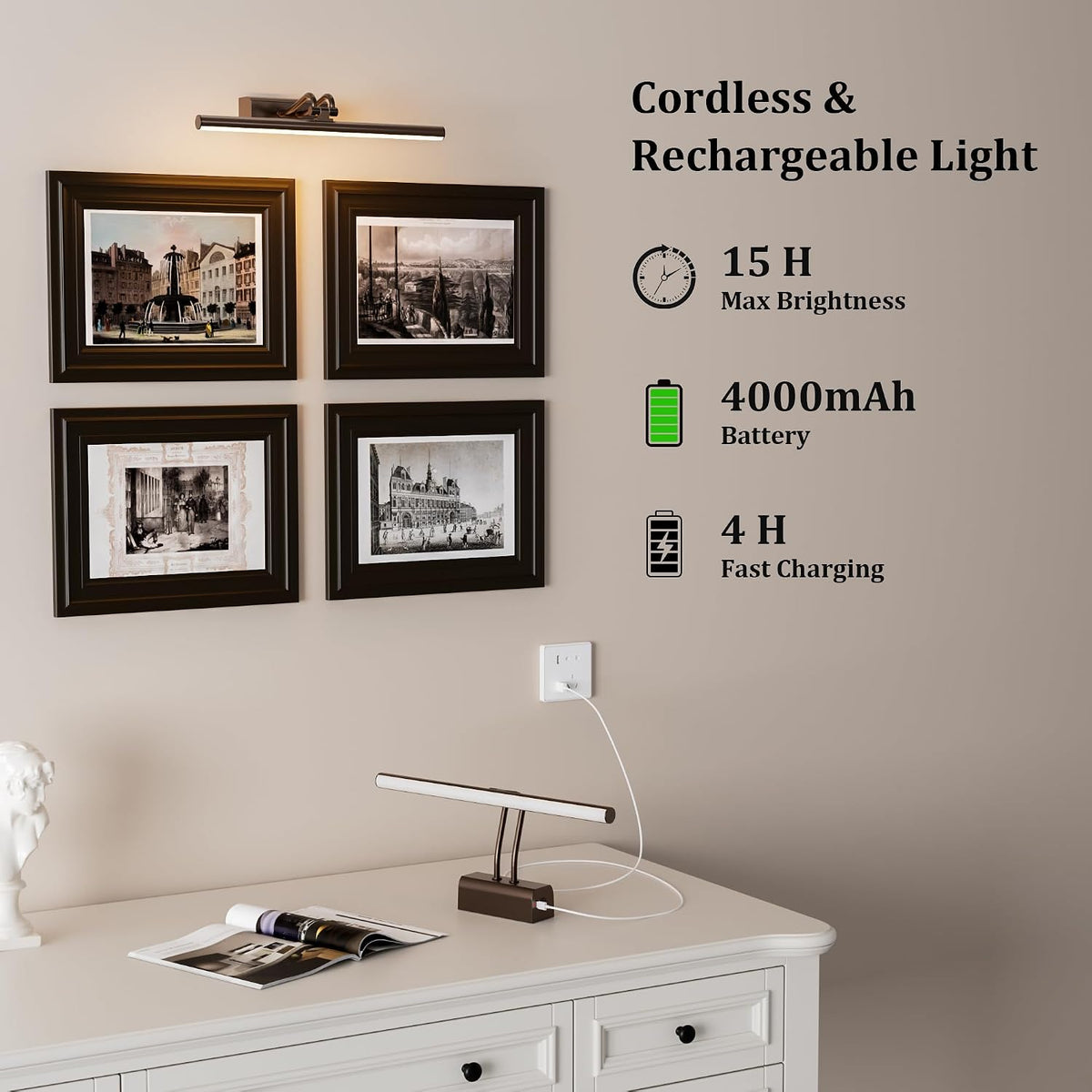 Picture Lights for Wall, 13.8in, Brown, 4000mAh, Rechargeable Remote | Magnetic LED Art Display Light with 3 Color