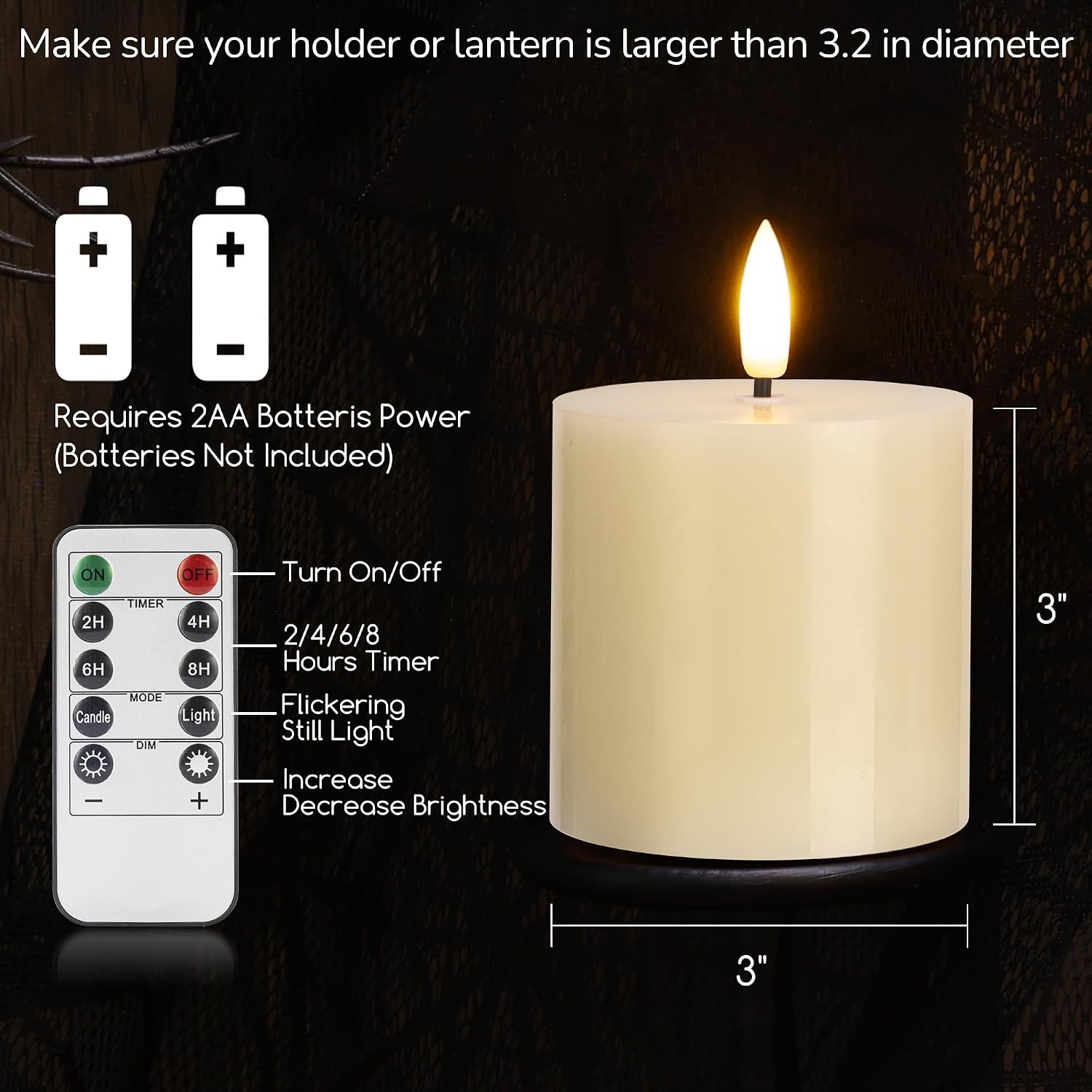 Flameless Pillar Candles, 3x3 Ivory Real Wax, Remote Timer, 3 Pack | Battery candles with timer and remote, adjustable