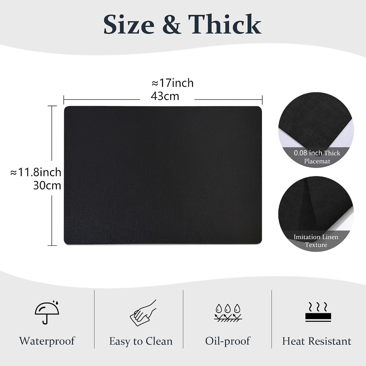FROMHEART Faux Leather PU Placemats Set of 12 (Black,11.8" x 17") | Waterproof,Heat/Oil Stain-Resistant Table