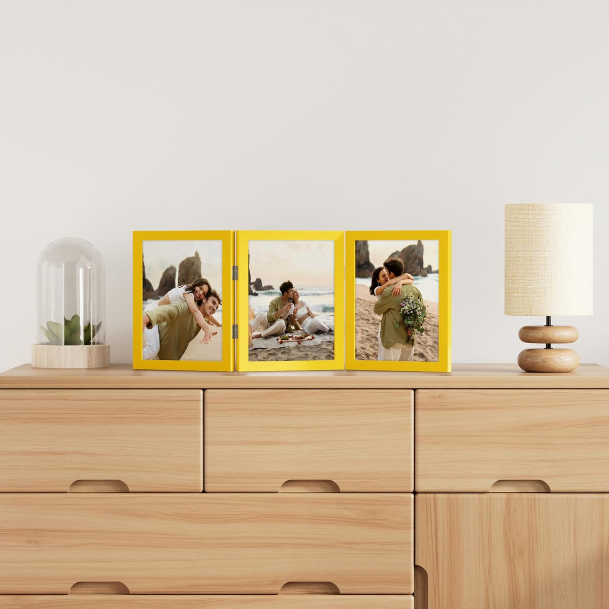 decorUhome Yellow Triple 8x10 Picture Frame Vertical, MDYL08 | "Z" Shape Folding Design Engineered Wood Trifold Photo