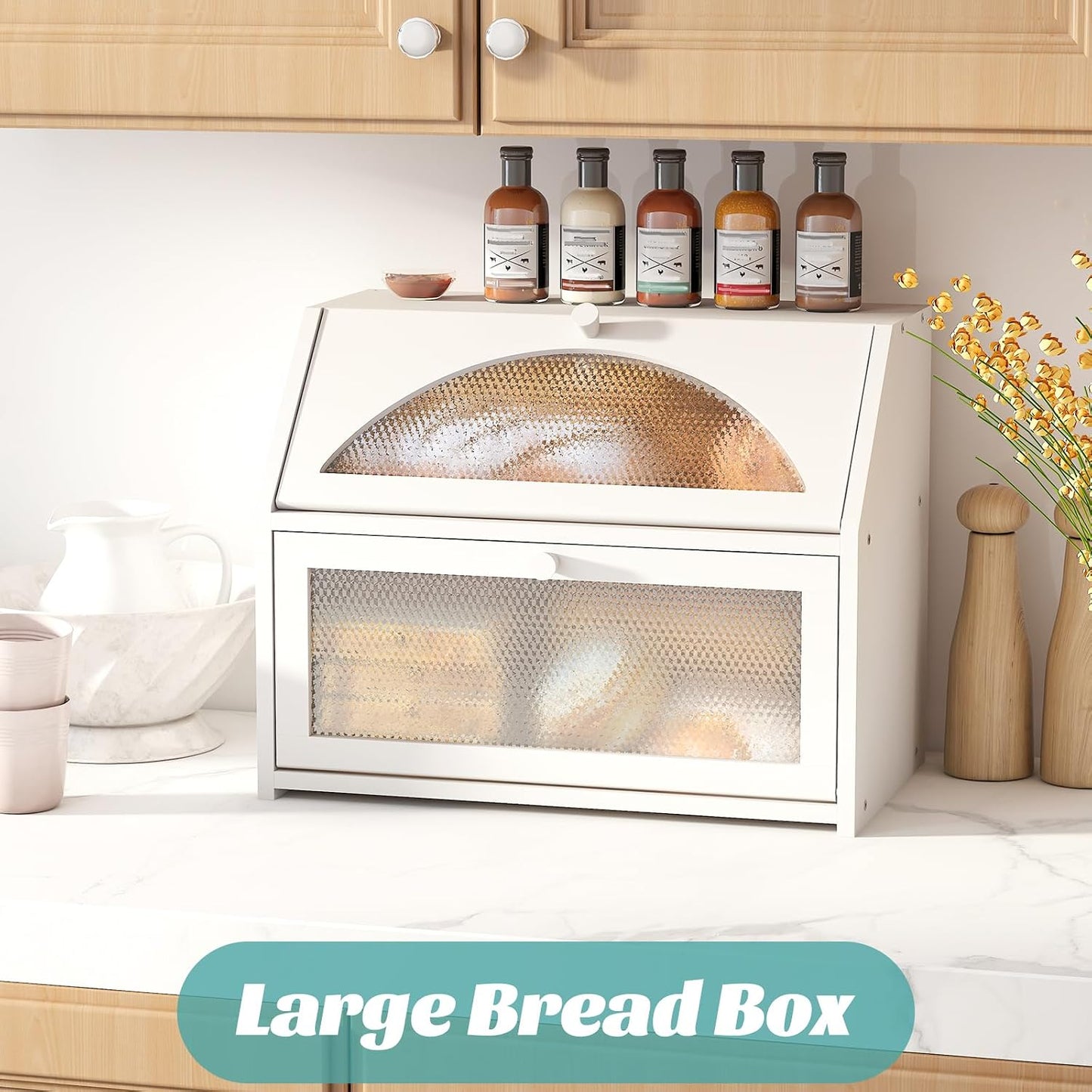 White Bread Box, Bamboo Wood Bread Box for Kitchen Counter, Double-layer Bread Storage Bin, Acrylic glass with Diamond
