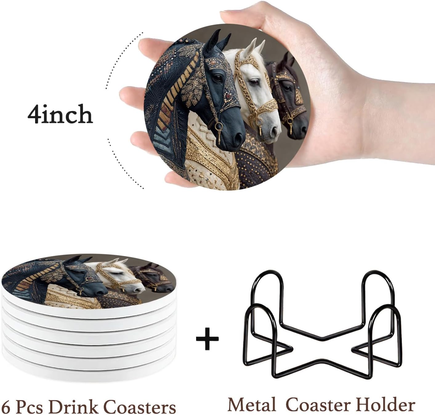Metal Holder and Cork Base / Black White Brown Horses / Set of 6