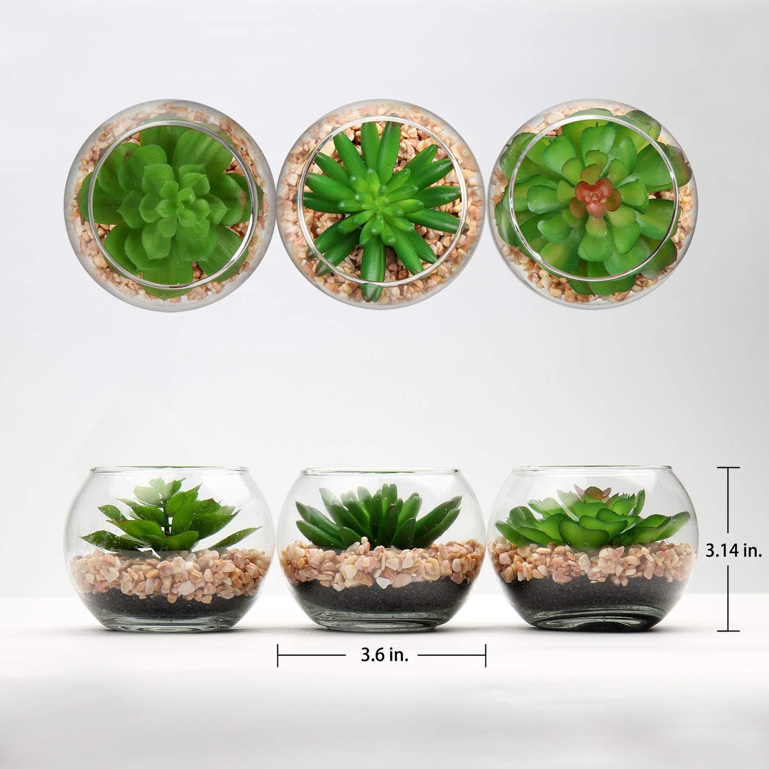 Mini Fake Plants 3 Packs Artificial Succulents Plants in Round Glass Vase / Succulents#07 / Set of 3
