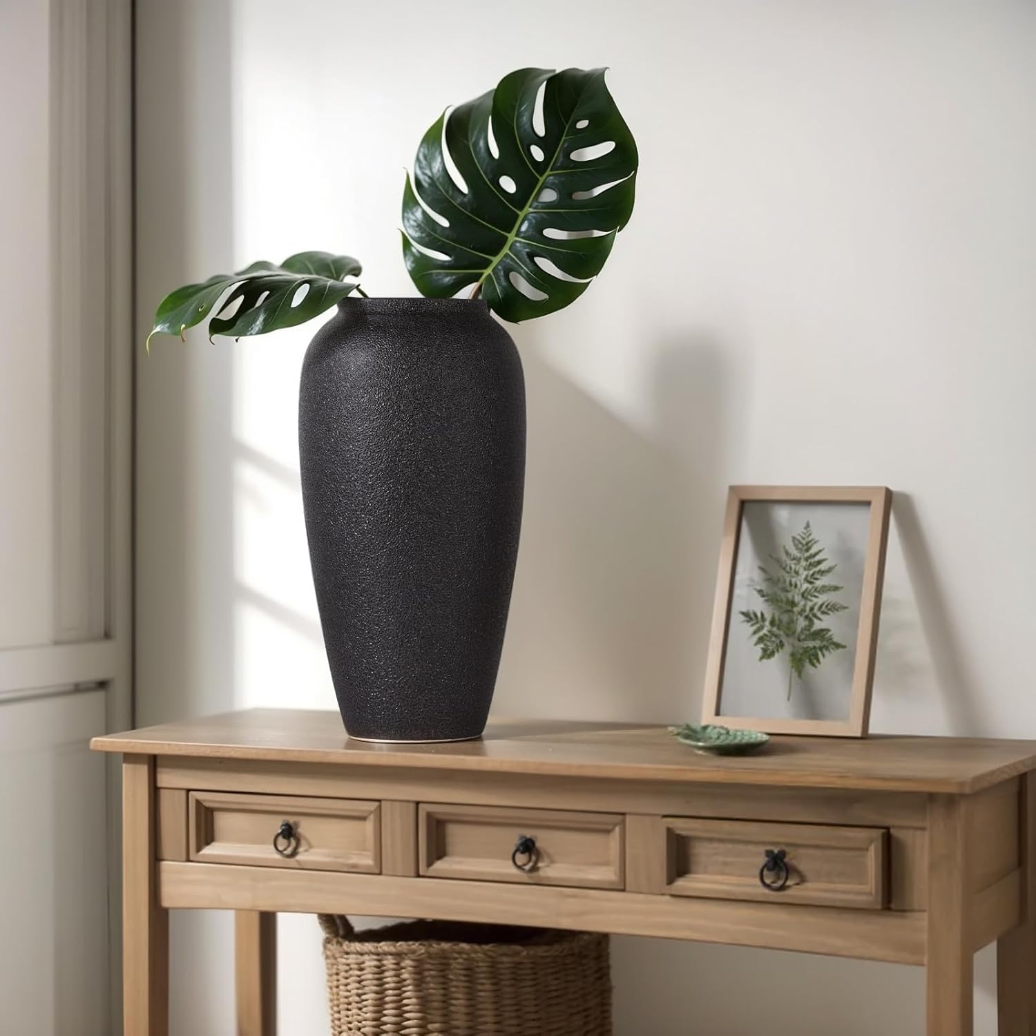 Tall Matte Ceramic Vase / Textured Black / 13.8in