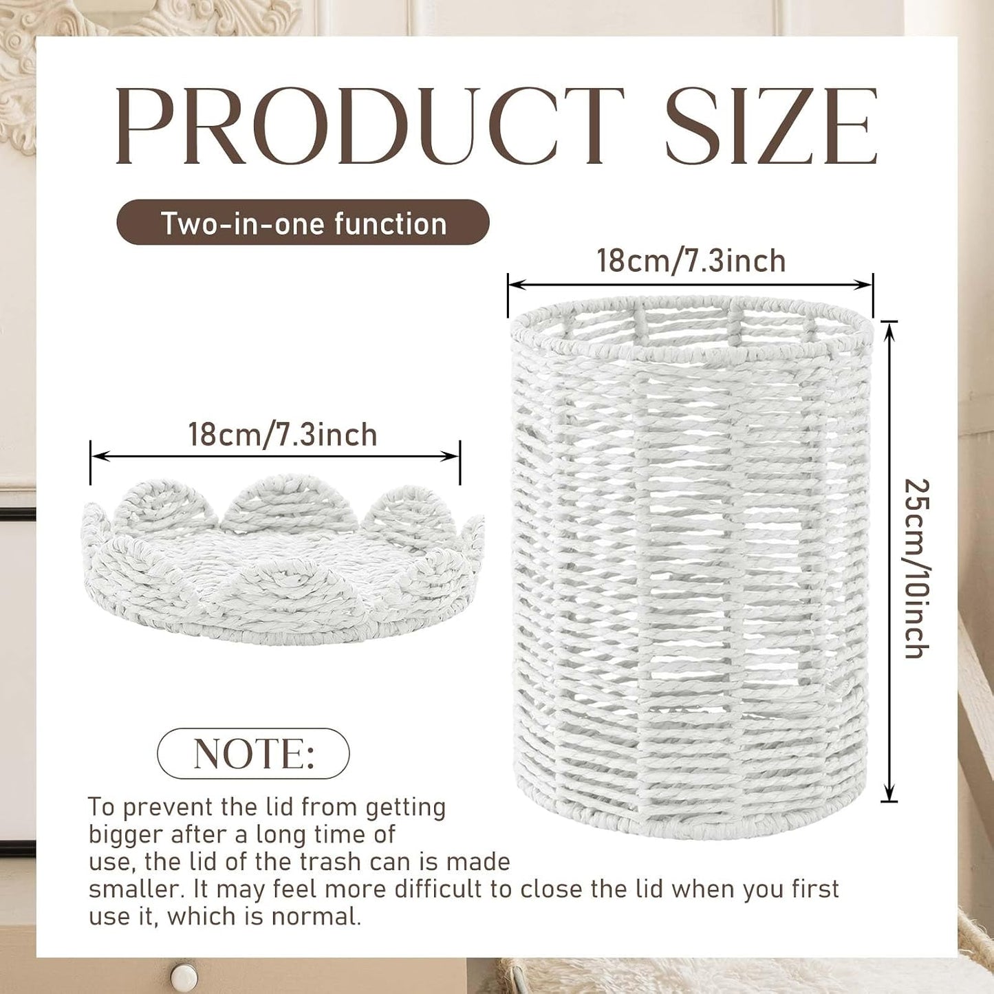 Lid Handle Woven Wicker Rattan Bathroom Waste Basket Boho / Scalloped Style / White / 1.3 Gallons