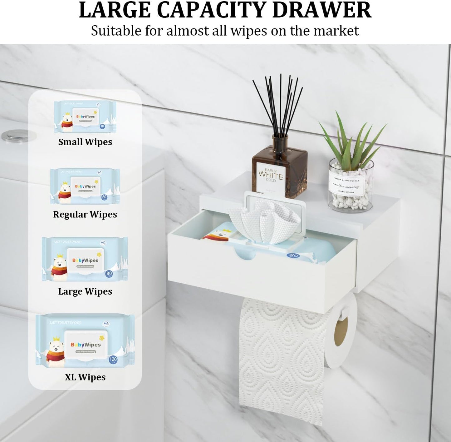 Domax White Toilet Paper Holder with Shelf,Wall Mount/Adhesive Bathroom Toilet Paper Holder,Bamboo Wood Tissue Toilet