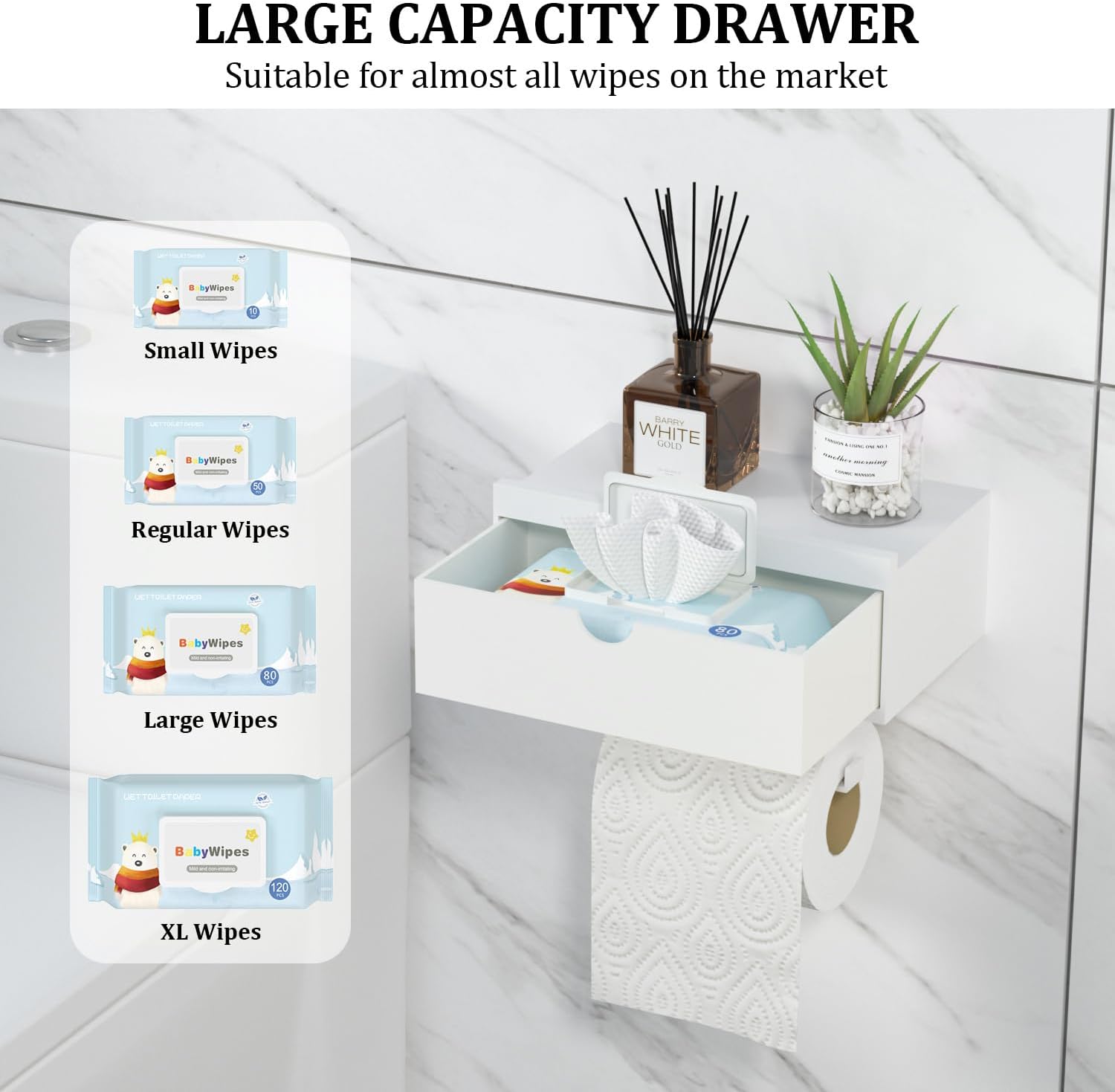 Domax White Toilet Paper Holder with Shelf,Wall Mount/Adhesive Bathroom Toilet Paper Holder,Bamboo Wood Tissue Toilet