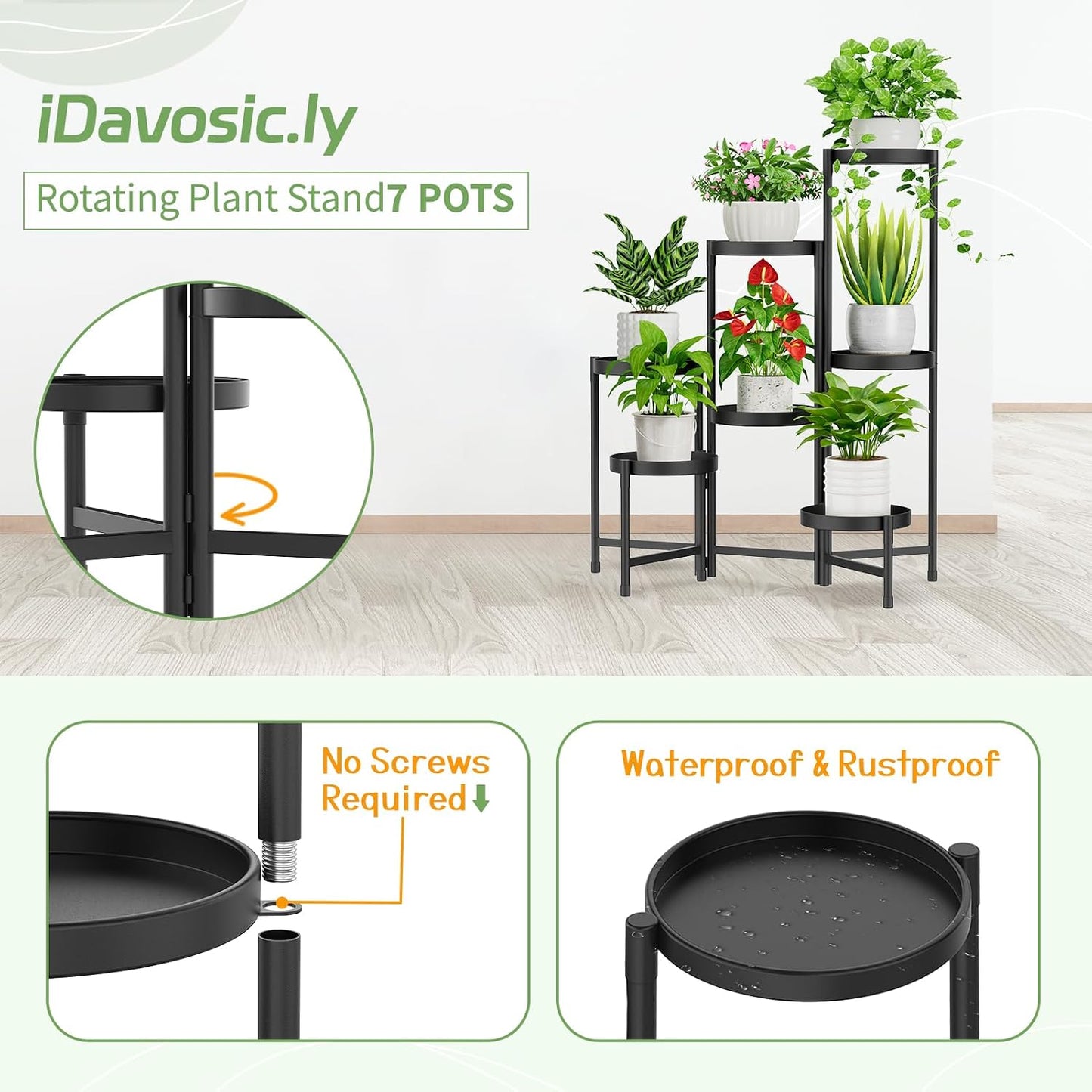 iDavosic.ly Plant Stand Indoor Outdoor, 7 Tier Metal Corner Shelf, Black | Tiered Flower Display Holder, Folding Multi