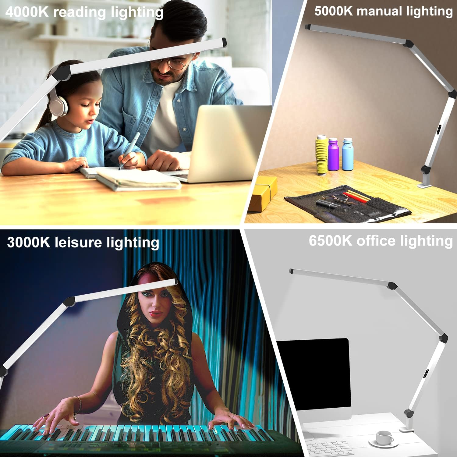 LED Desk Lamp with Clamp, Dual Light Table Lamp with Adjustable Swing Arm, Eye-Care 4 CCT Modes & 5 Brightness Levels