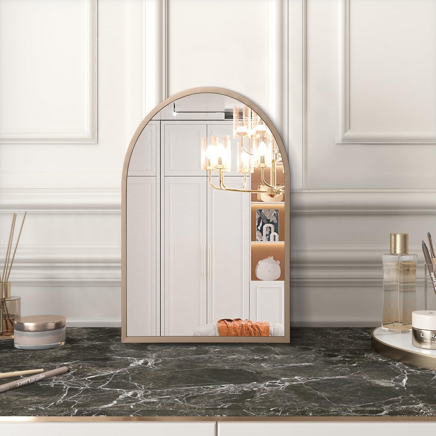 Arched Wall Mirror Aluminum Alloy Frame Bathroom Mirror Brushed Metal Vanity / 16"L x 12"W / Brass