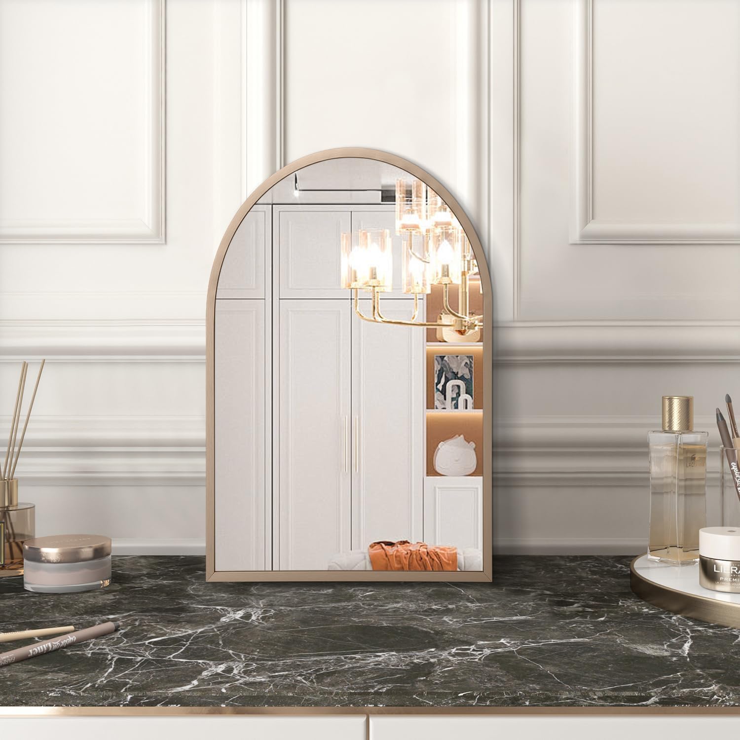 Arched Wall Mirror Aluminum Alloy Frame Bathroom Mirror Brushed Metal Vanity / 16"L x 12"W / Brass