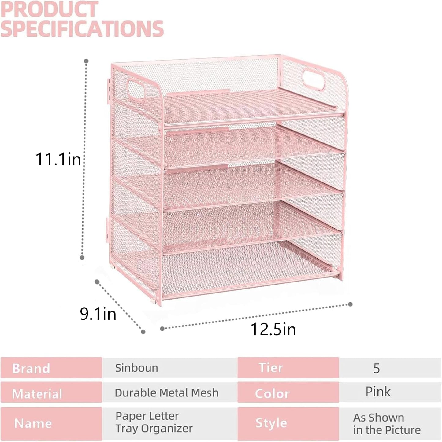 Sinboun Letter Tray Paper Organizer 5-Tier Desk Organizer File Organizer Paper Holder with Handle, Metal Desktop