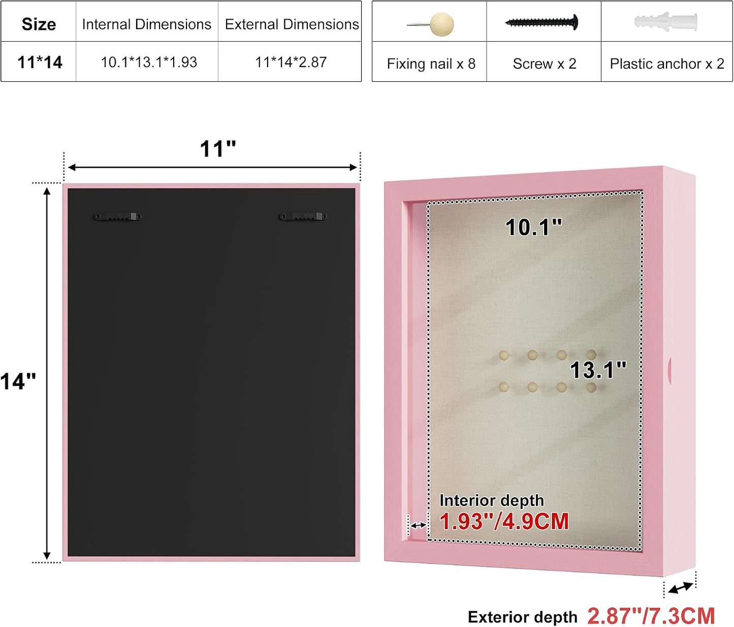 Love-KANKEI Deep Large Shadow Box 11x14,Solid Wood Frame,Memory Box,Pink | Front-Opening Glass Magnetic Door,Linen