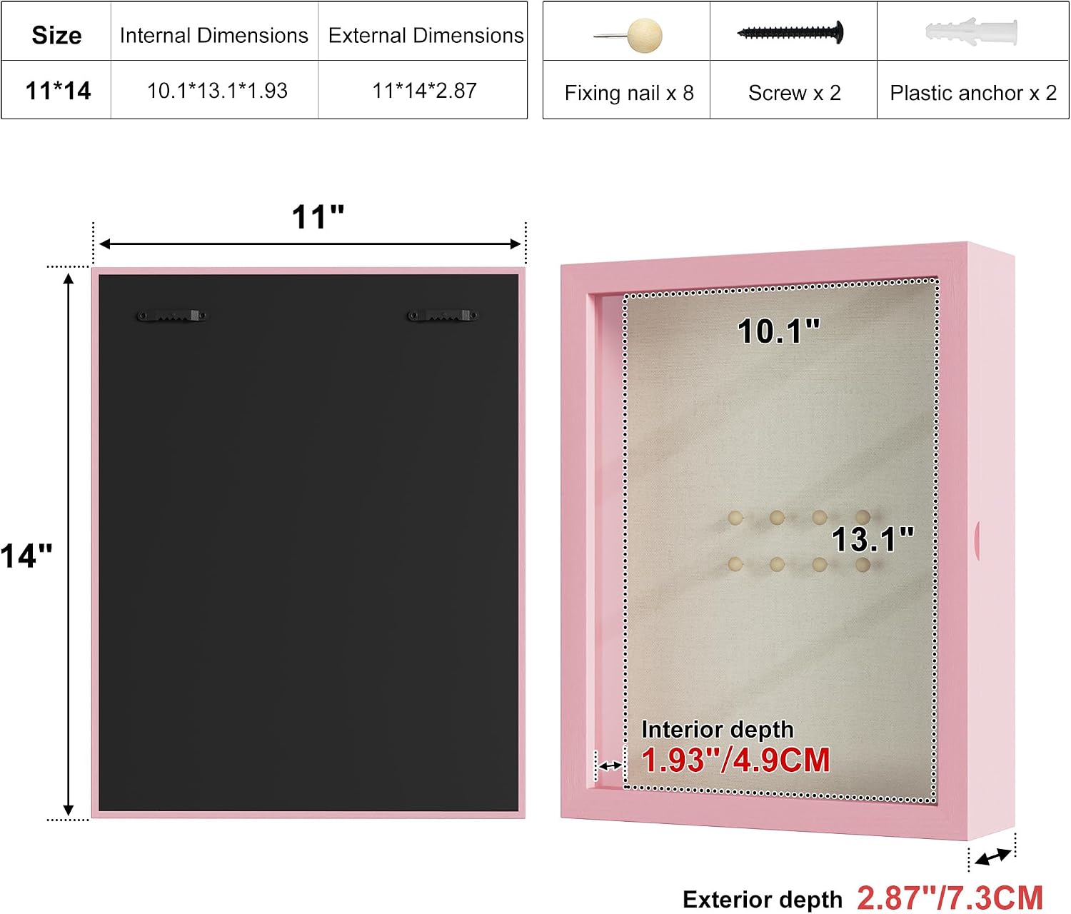Love-KANKEI Deep Large Shadow Box 11x14,Solid Wood Frame,Memory Box,Pink | Front-Opening Glass Magnetic Door,Linen