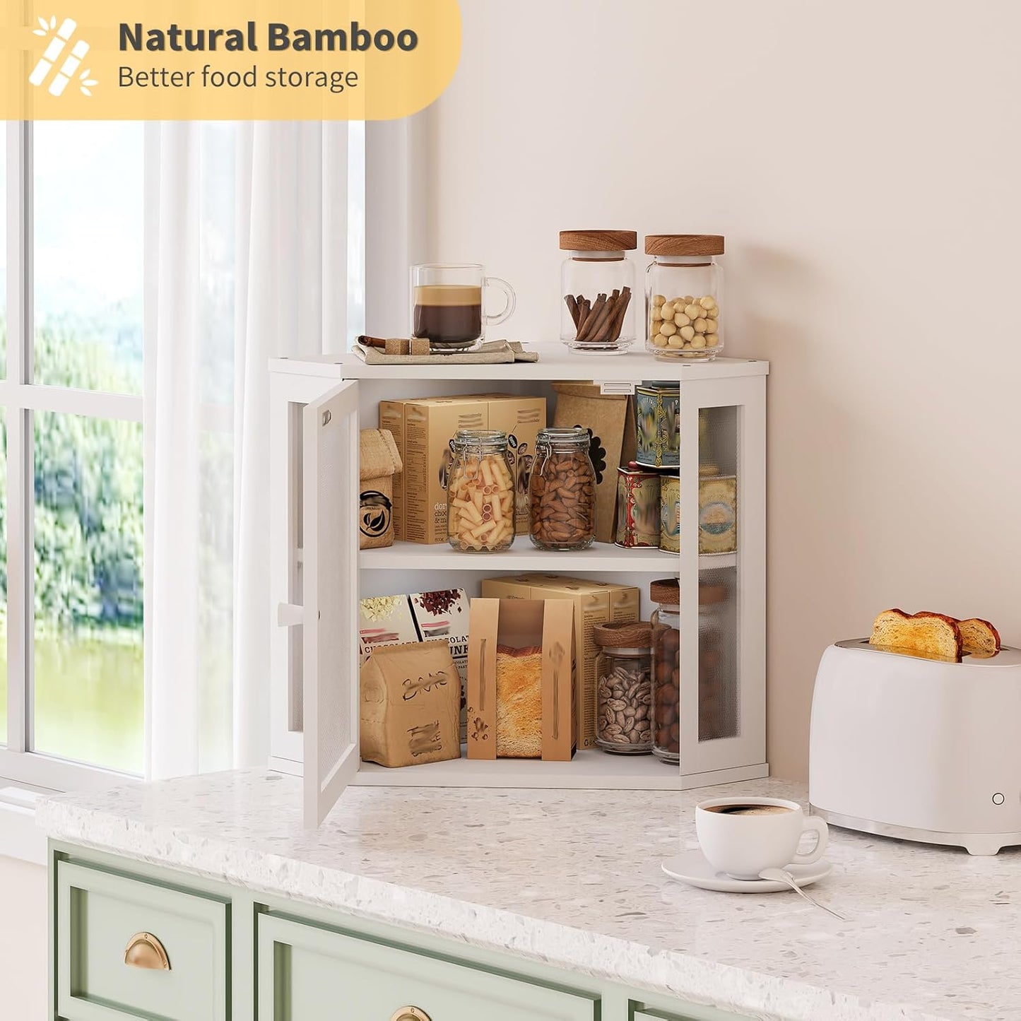 Corner Bread Box for Kitchen Countertop,Bread Storage for Homemade Bread, Double Layer Large Bamboo Kitchen Storage Bin