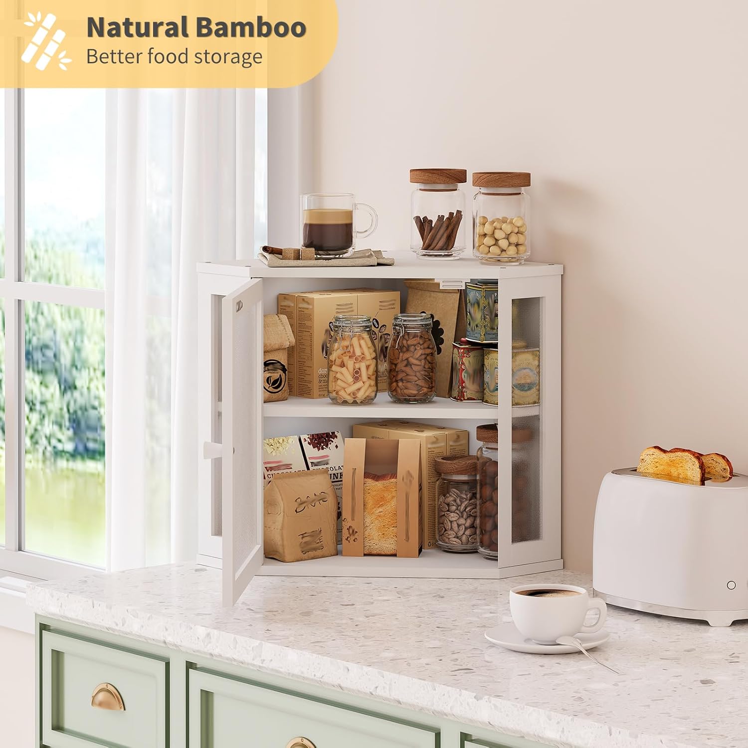 Corner Bread Box for Kitchen Countertop,Bread Storage for Homemade Bread, Double Layer Large Bamboo Kitchen Storage Bin