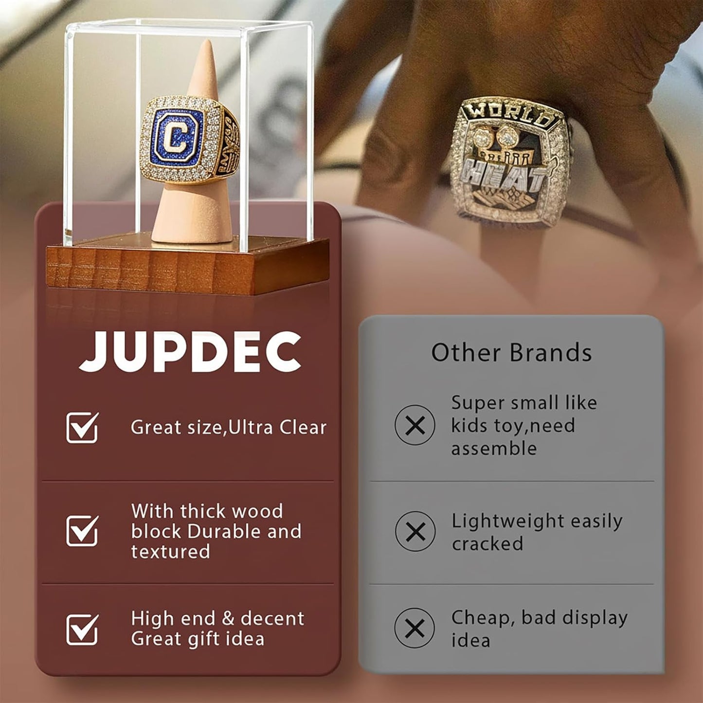 Championship Ring Display Case 2 Pack, Clear Acrylic Single Ring Holder with Wood Stand Base for Sports Basketball