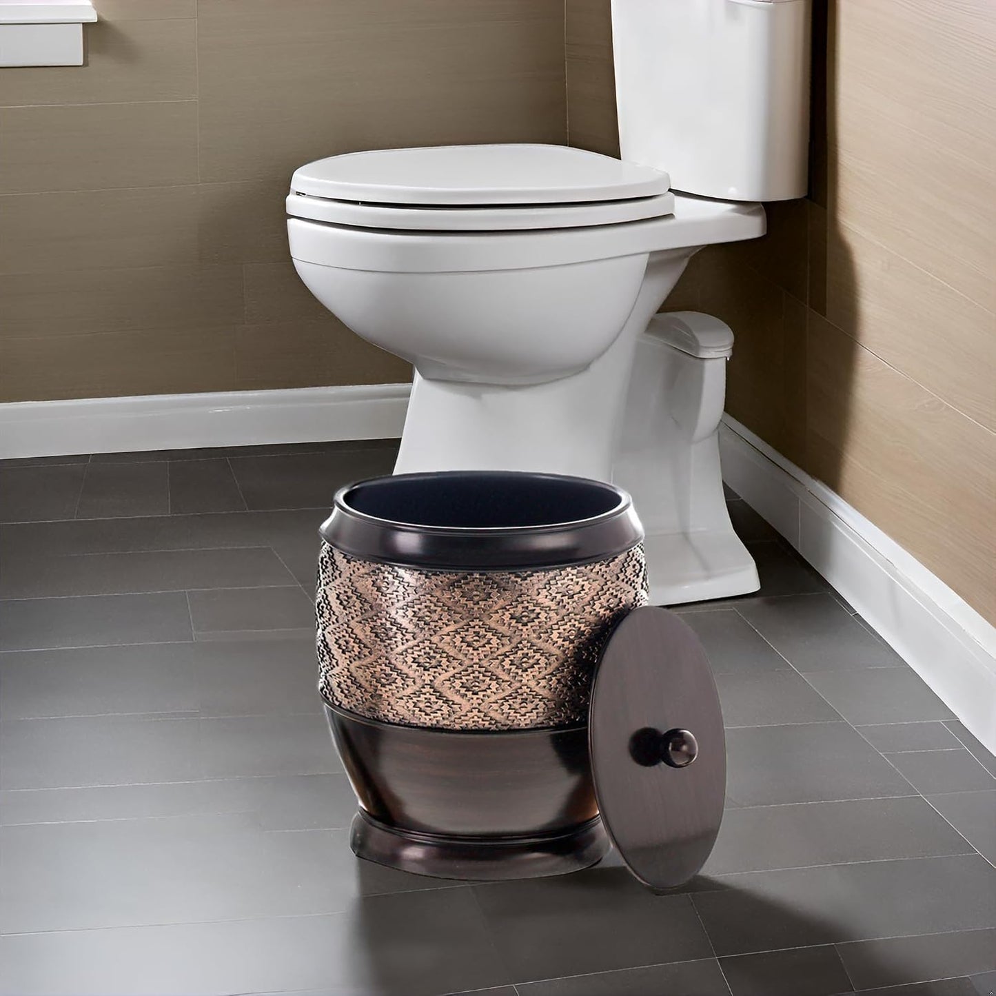 Creative Scents Dublin Brown Small Bathroom Trash Can with Lid - 1.3 Gal / 4.8L Decorative Oval Waste Basket - Durable
