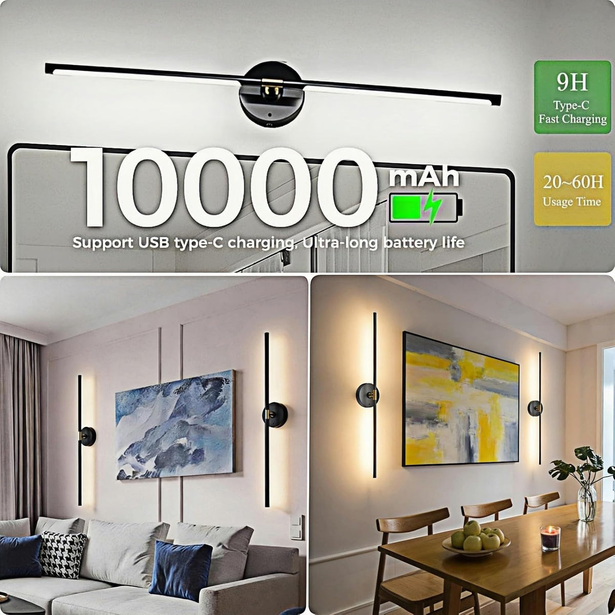Battery Operated Wall Sconce Set of 2: 10000mAh Wireless Sconces Rechargeable Wall Lights with Touch and Remote, 360°