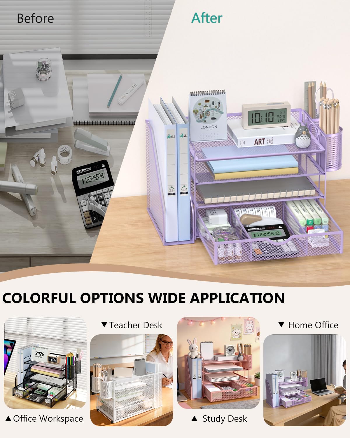 WALI Desk File Organizer, 4 Tier Desktop Paper Letter Tray Organizer with Drawer and 2 Pen Holders, Office Desk