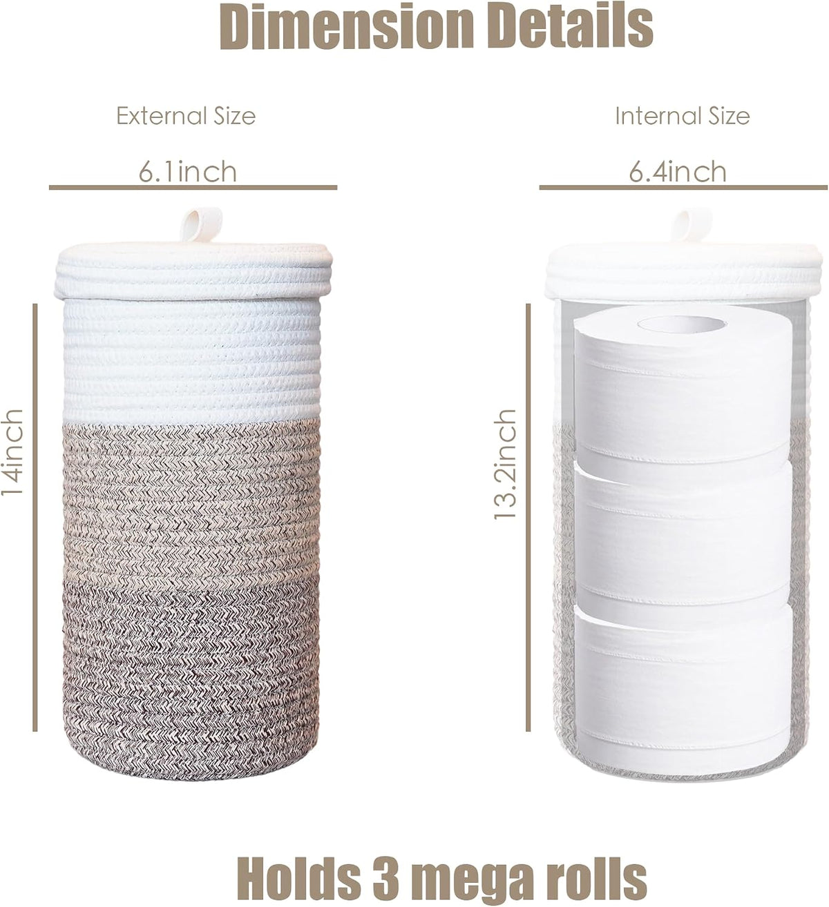 Toilet Paper Holder Handmade – Woven Cotton Toilet Paper Stand & Storage Basket with Lid, Freestanding Organizer for