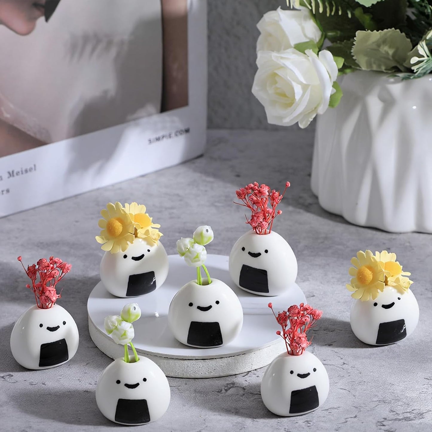 Handmade Ceramic Rice Ball Japanese Onigiri Bud Vases for Dry Flowers / White / Set of 7