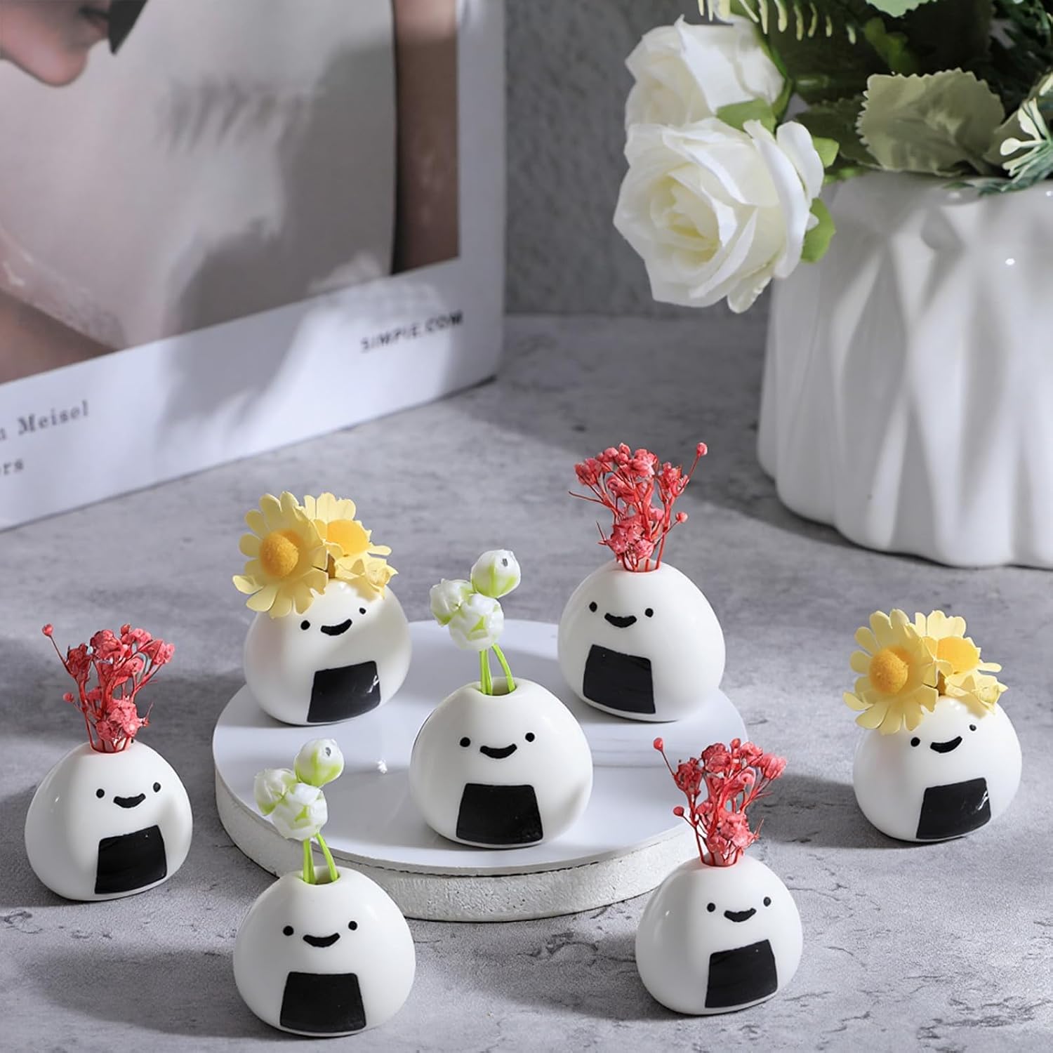Handmade Ceramic Rice Ball Japanese Onigiri Bud Vases for Dry Flowers / White / Set of 7