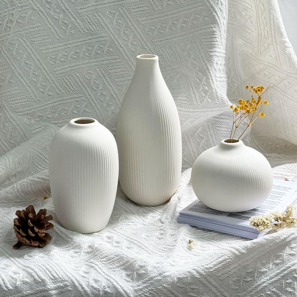 Ceramic Vase / Boho Aesthetic Flower Vases / White / Set of 3