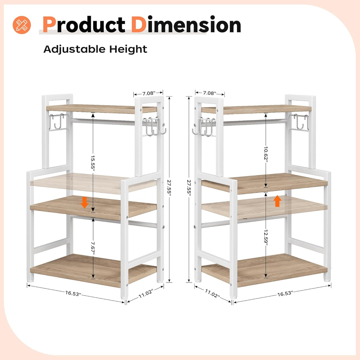 Kitchen Countertop Organizer, 3 Tier Large Spice Rack Organizer with Adjustable Shelf and 5 Hooks, Wooden Counter