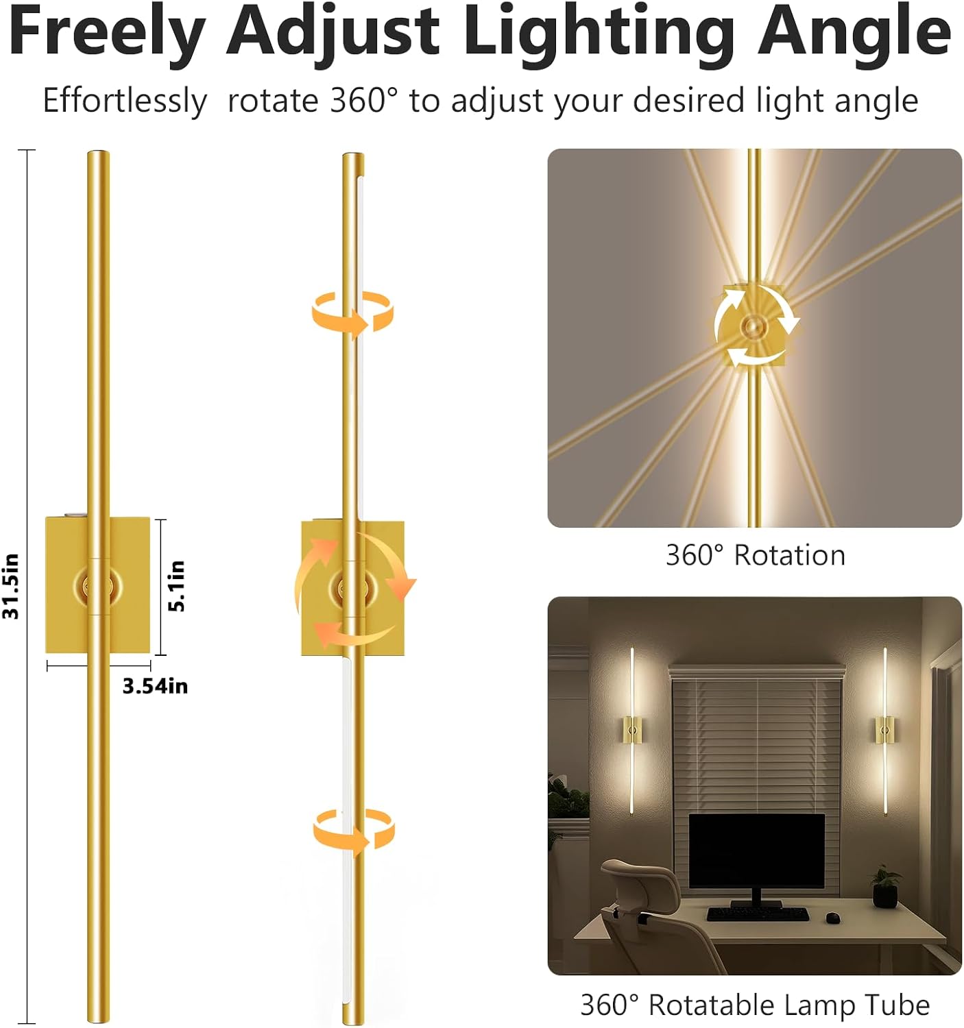 Eneru Battery Operated Wall Sconces Set of 2, Gold Wireless LED Wall Light | Rechargeable 10000mAh, Touch and Remote