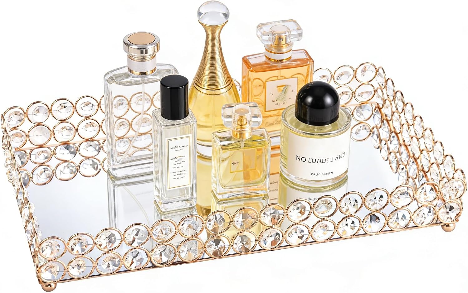 Crystal Perfume Fragrance Tray Cosmetic Makeup Vanity Tray Jewelry Trinket Ring Earring / Gold
