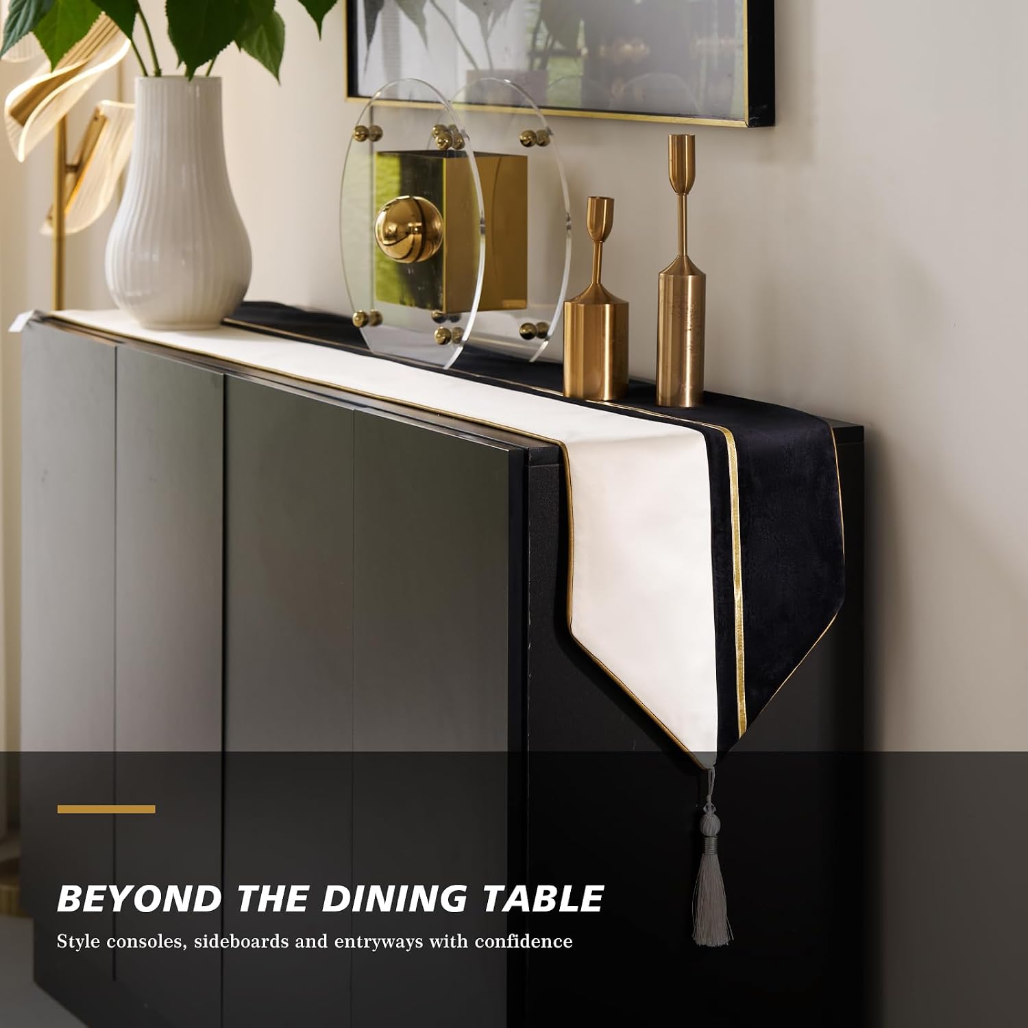 Avigers Table Runner 12 x 108 Inch, Black Gold, Geometric, Tassels | Faux Silk double-layer accent for dining rooms