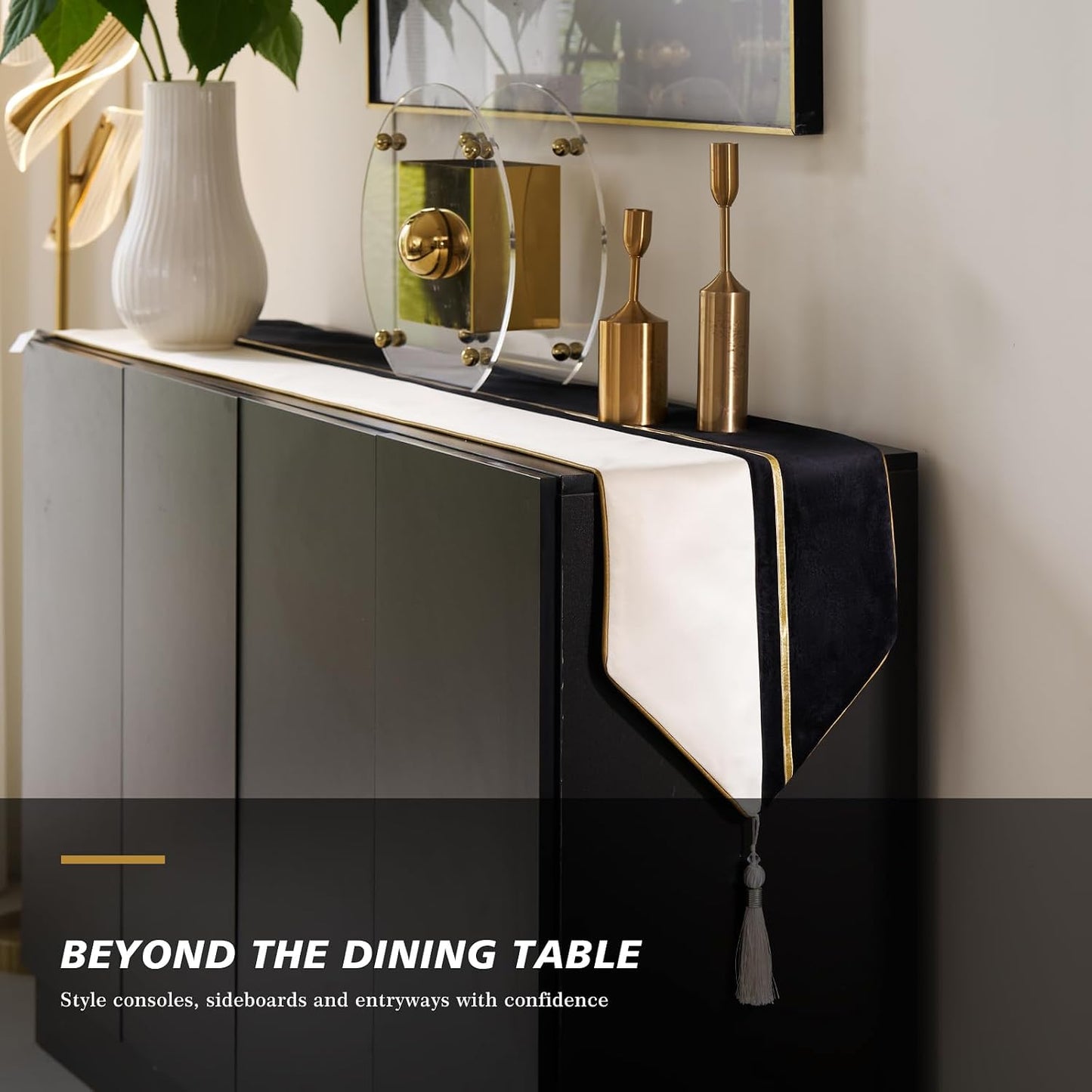Avigers Table Runner 12 x 90 Inch, Black Gold, Geometric, Tassels | Faux Silk double-layer accent for dining rooms