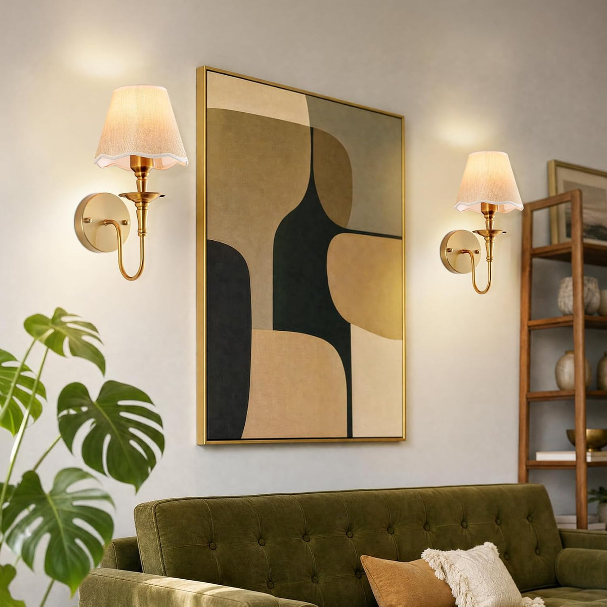 Battery Operated Wall Sconces Set of 2, Rattan Wall Sconce with RGB Rechargeable Dimmable Bulbs, Brass-Color Wireless