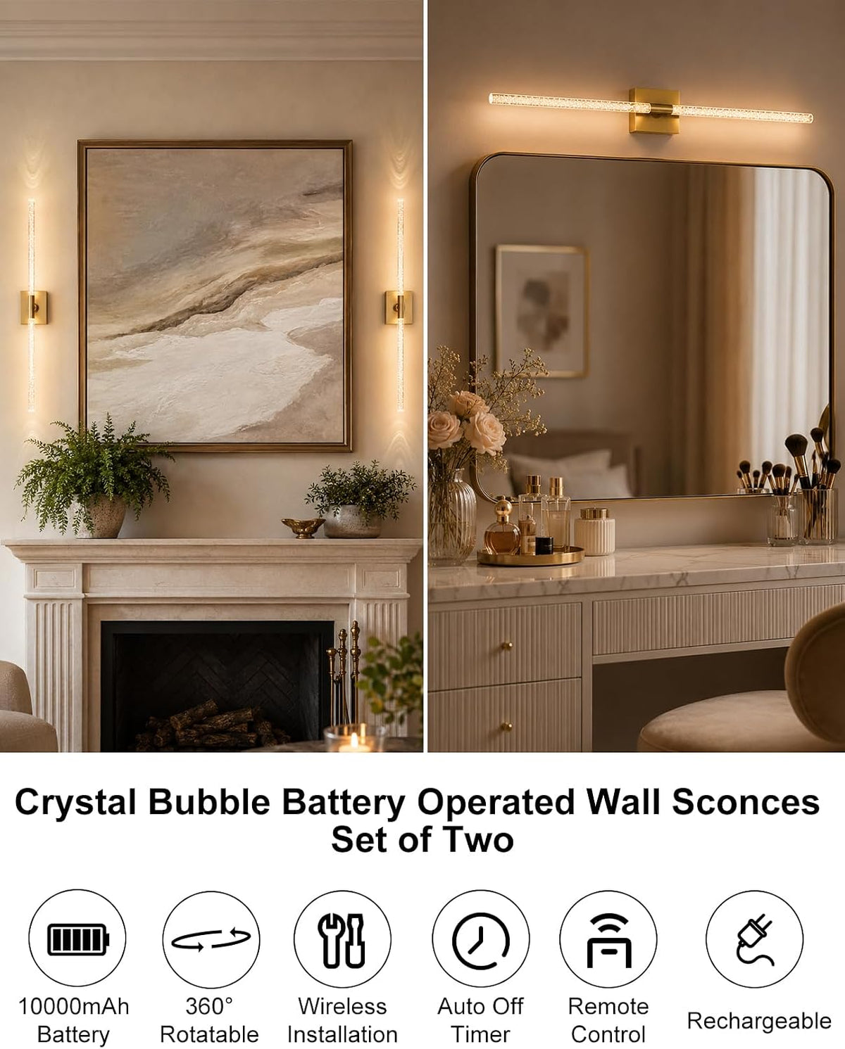Rechargeable Wall Sconces Set of 2, Gold Crystal Bubble Wireless Wall Light | 10000mAh, Remote Control, 3000K-6000K